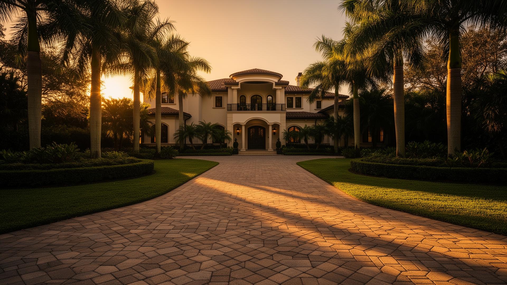 Luxury Brevard County paver driveway at golden hour