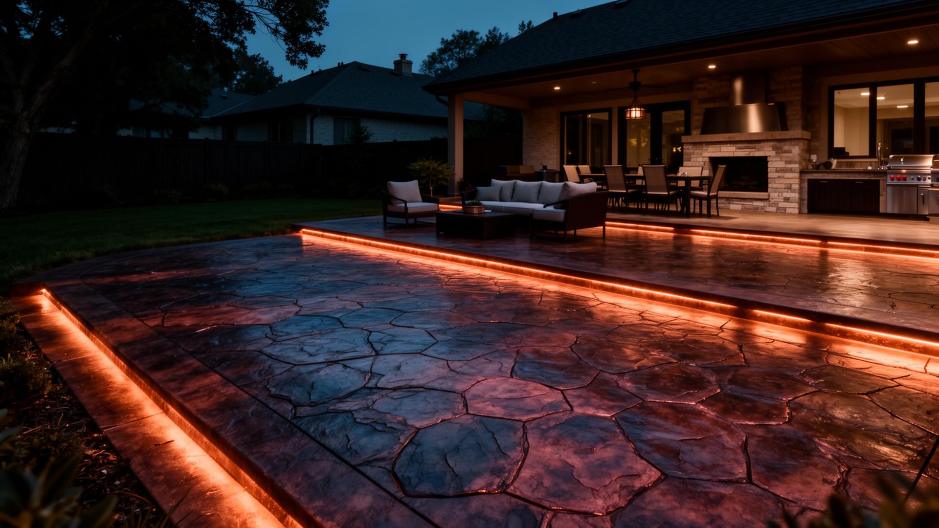 Premium stamped concrete patio at dusk with copper accent lighting